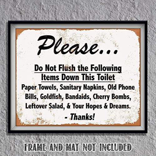 "Do Not Flush Down Toilet-Napkins, Bombs, Hope &amp; Dreams"- Funny Vintage Bathroom Sign- 8 x 10"
