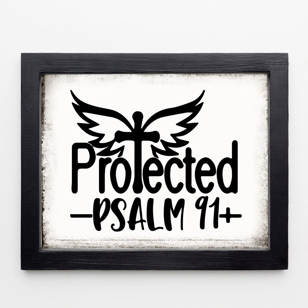 Protected-Psalm 91 Bible Verse Wall Art Print -10 x 8- Rustic Cross w/Angel Wings Print- Ready to Frame. Scripture Wall Decor for Home -Office -School -Religious &amp; Christian Gifts. Powerful Verse.