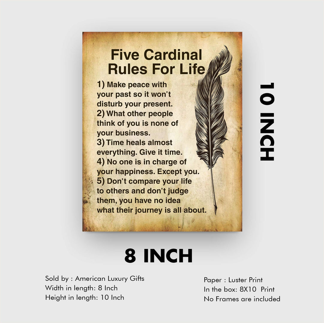 Five Cardinal Rules For Life-Inspirational Wall Art -8 x 10" Distressed Parchment Print-Ready to Frame. Motivational Decor For Home-Office-School. Great Reminders To Find Happiness &amp; Inspiration!