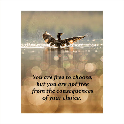 Free to Choose-Not Free From Consequences of Choice Motivational Quotes Wall Art -8 x 10" Modern Print w/Bird Landing in Lake Image-Ready to Frame. Home-Office-Studio-School Decor. Great Advice!