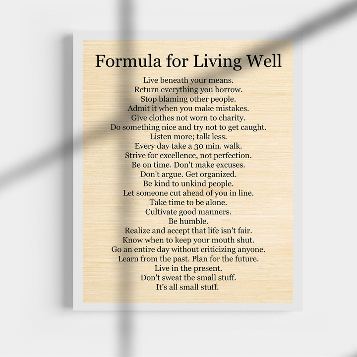 Formula for Living Well- Motivational Life Quotes Wall Art Sign -11 x 14" Modern Inspirational Typography Print -Ready to Frame. Positive Home-Office-Classroom Decor. Great Gift to Inspire Success!