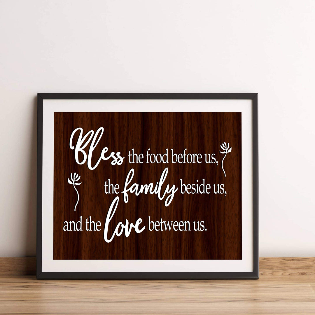 Bless the Food Before Us-Family Beside Us Christian Prayer Wall Art -14 x 11" Rustic Kitchen Print-Ready to Frame. Inspirational Wall Decor w/Replica Wood Design. Perfect Home &amp; Dining Room Decor!