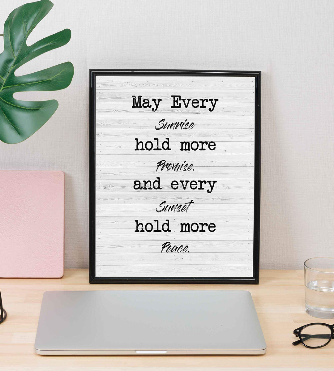 May Every Sunrise Hold More Promise Rustic Wall Sign-8 x 10" Modern Typographic Art Print with Distressed White Wood Design-Ready to Frame. Perfect Home-Farmhouse-Beach-Cabin-Lake House Decor!