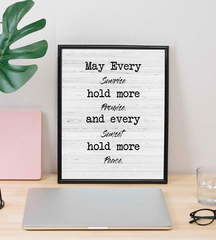 May Every Sunrise Hold More Promise Rustic Wall Sign-8 x 10" Modern Typographic Art Print with Distressed White Wood Design-Ready to Frame. Perfect Home-Farmhouse-Beach-Cabin-Lake House Decor!