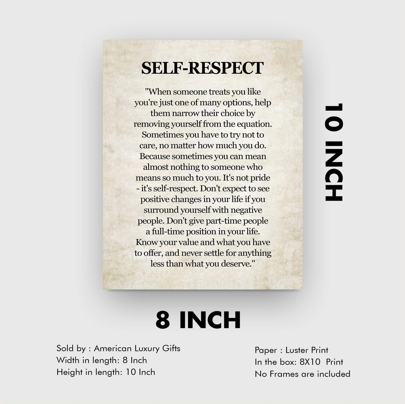 Self-Respect-Know Your Value Inspirational Quotes Wall Art Sign -8 x 10" Distressed Poster Print-Ready to Frame. Motivational Home-Office-School-Dorm Decor. Great Reminder to Inspire Self-Worth!