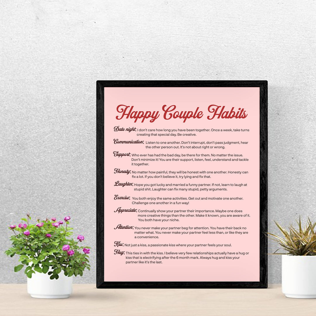 Happy Couple Habits Inspirational Wall Art Decor -11 x 14" Love &amp; Marriage Life Lessons Print -Ready to Frame. Modern Typographic Design. Romantic Anniversary Gift &amp; Wedding Sign for All Couples!