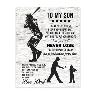 "To My Son -Never Lose- Win or Learn" Inspirational Family Wall Art Sign -11x14" Typographic Sports Poster Print -Ready to Frame. Loving Message for Any Son. Great Keepsake Gift Love Dad!