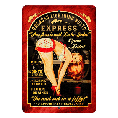 Greased Lightning Express Metal Wall Art Vintage Sign -8 x 12" Funny Rustic Garage Sign for Bar, Man Cave, Tool Shop - Retro Antique Tin Pinup Sign -Great Gift for Home, Outdoor, Mechanic Signs!