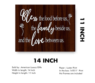 Bless the Food Before Us-Family Beside Us Christian Prayer Wall Art -14 x 11" Rustic Kitchen Print-Ready to Frame. Inspirational Wall Decor w/Replica Wood Design. Perfect Home & Dining Room Decor!