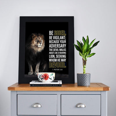 Be Sober-Be Vigilant- 1 Peter 5:8- Bible Verse Wall Art- 8x10"- Modern Scripture Wall Art Print w/Lion Image- Ready to Frame. Motivational Home-Office-Church Decor. Great Christian Gift & Reminder!