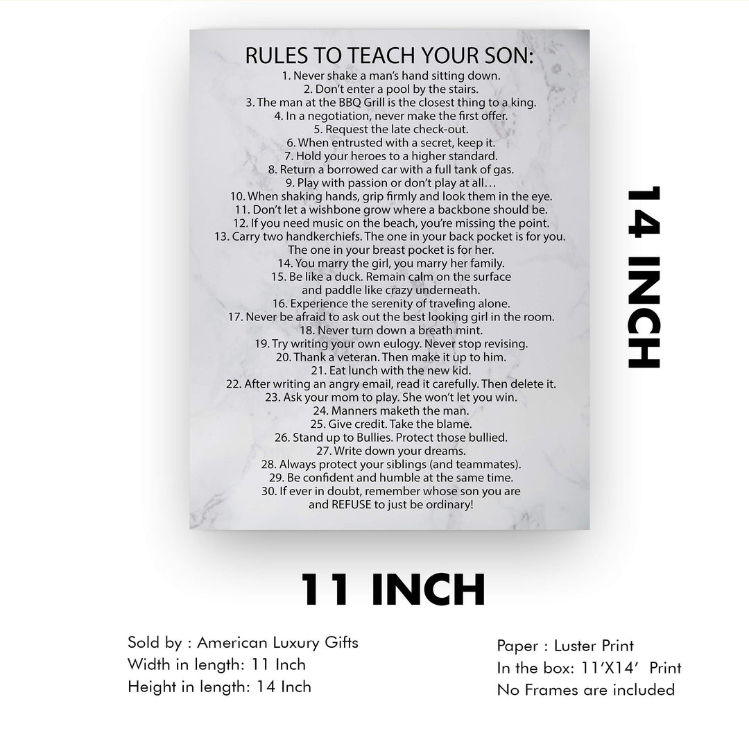 Rules To Teach Your Son Motivational Family Wall Art Sign -11 x 14" Modern Typographic Wall Decor-Ready to Frame. Fun &amp; Inspirational Keepsake for Any Son. Great Graduation Gift!
