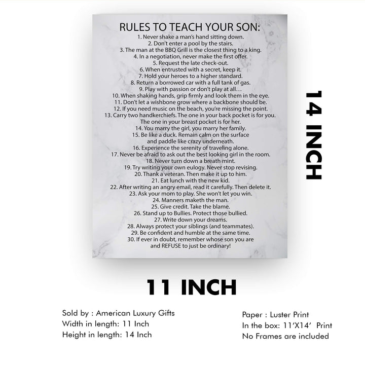 Rules To Teach Your Son Motivational Family Wall Art Sign -11 x 14" Modern Typographic Wall Decor-Ready to Frame. Fun &amp; Inspirational Keepsake for Any Son. Great Graduation Gift!