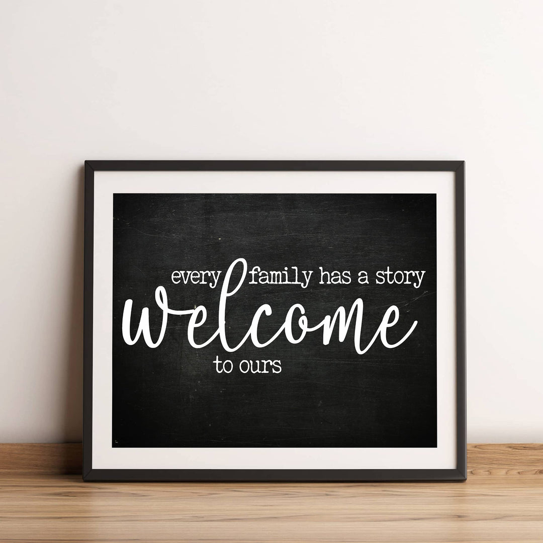 Every Family Has A Story, Welcome to Ours Inspirational Home Wall Art-14 x 11" Poster Print w/Rustic Wood Design-Ready to Frame. Perfect Home-Entryway-Farmhouse Decor. Printed on Photo Paper.