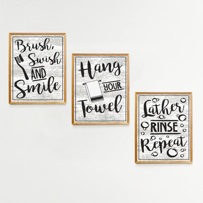 Bathroom"Procedures" Fun Bath Decor Set (3) 8 x10"s Wall Decor. Modern Typographic Wall Prints-Ready To Frame."Brush-Lather-Hang Towel"-Wood Sign Replicas. Perfect Reminders For Kids-Guest Bath.