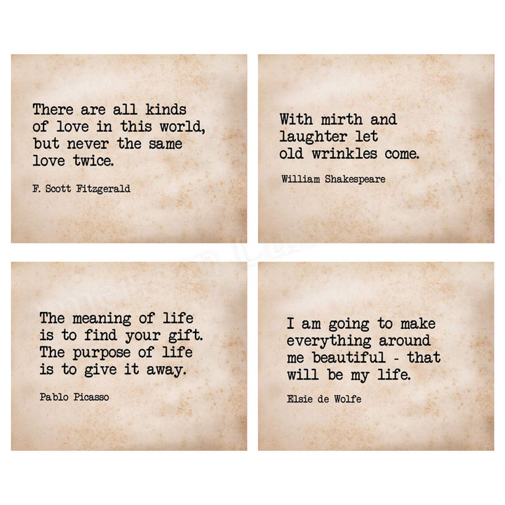 Famous Quotes Wall Art- 4P Set- 8 x 10"s Inspirational Art Wall Prints-Ready to Frame. E. Roosevelt, Shakespeare, Picasso, FS. Fitzgerald-Parchment Prints. Home, Studio &amp; Office D?cor. Great Gift.