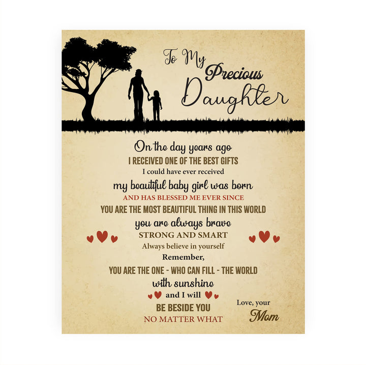 To My Precious Daughter -Love Mom Inspirational Family Wall Art -8 x 10" Rustic Mom &amp; Daughter Silhouette Print -Ready to Frame. Home - Girls Bedroom Decor. Loving, Keepsake Gift for All Daughters!