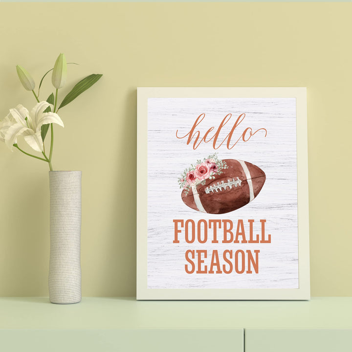 Hello Football Season- Country Rustic Fall Sports Sign- 8 x 10" Floral Wall Print- Ready to Frame. Distressed Wood Sign Replica Print. Wall Decor Perfect for Home-Office-Bar-Tailgating-Fans!