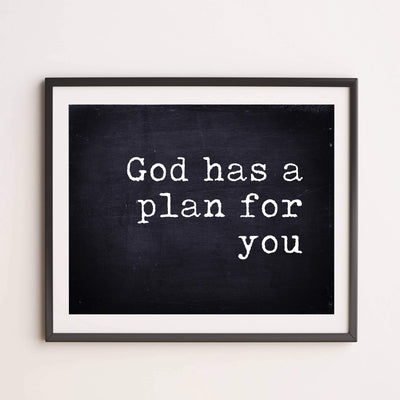 ?God Has A Plan For You" Inspirational Christian Wall Art -14 x 11" Typographic Replica Distressed Print-Ready to Frame. Motivational Home-Office-Farmhouse-Church Decor. Great Gift of Faith!