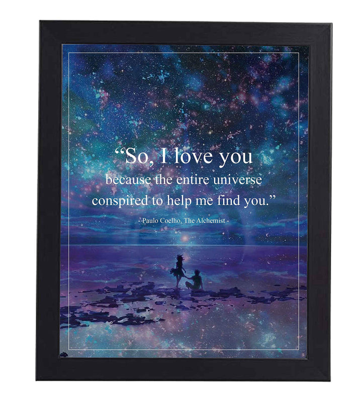 Paulo Coelho Wall Art-"Entire Universe Conspired to Help Me Find You" Book Quote from"The Alchemist"-8x10" Inspirational Starry Night Print-Ready to Frame. Great Gift of Love for Spouse-Partner-BFF!