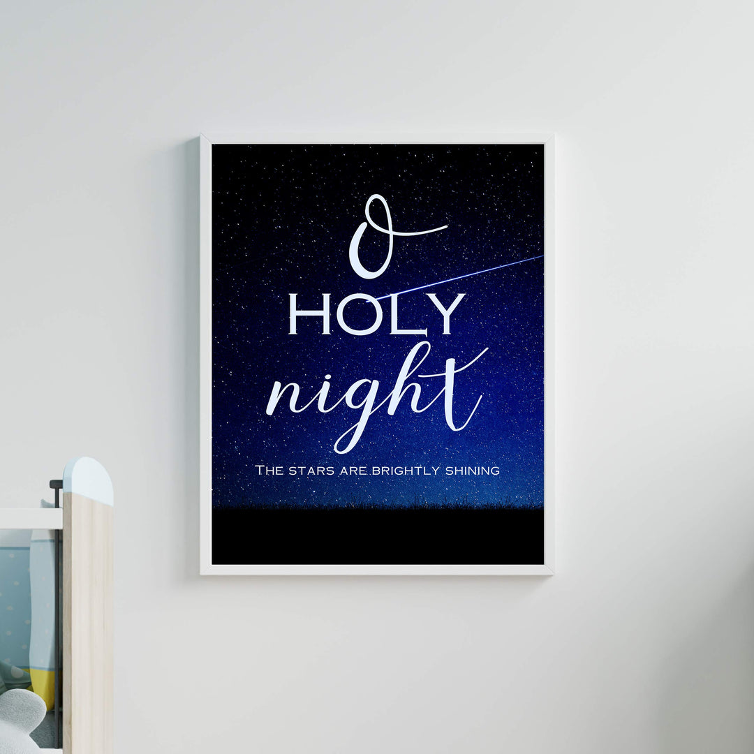 O Holy Night Christmas Song Wall Art -11 x 14" Christian Holiday Poster Print-Ready to Frame. Typographic w/Starry Night Design. Home-Welcome-Kitchen-Farmhouse Decor. Great Religious Gift!