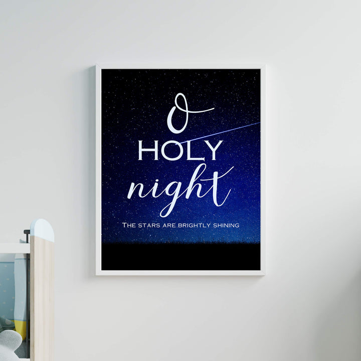 O Holy Night Christmas Song Wall Art -11 x 14" Christian Holiday Poster Print-Ready to Frame. Typographic w/Starry Night Design. Home-Welcome-Kitchen-Farmhouse Decor. Great Religious Gift!