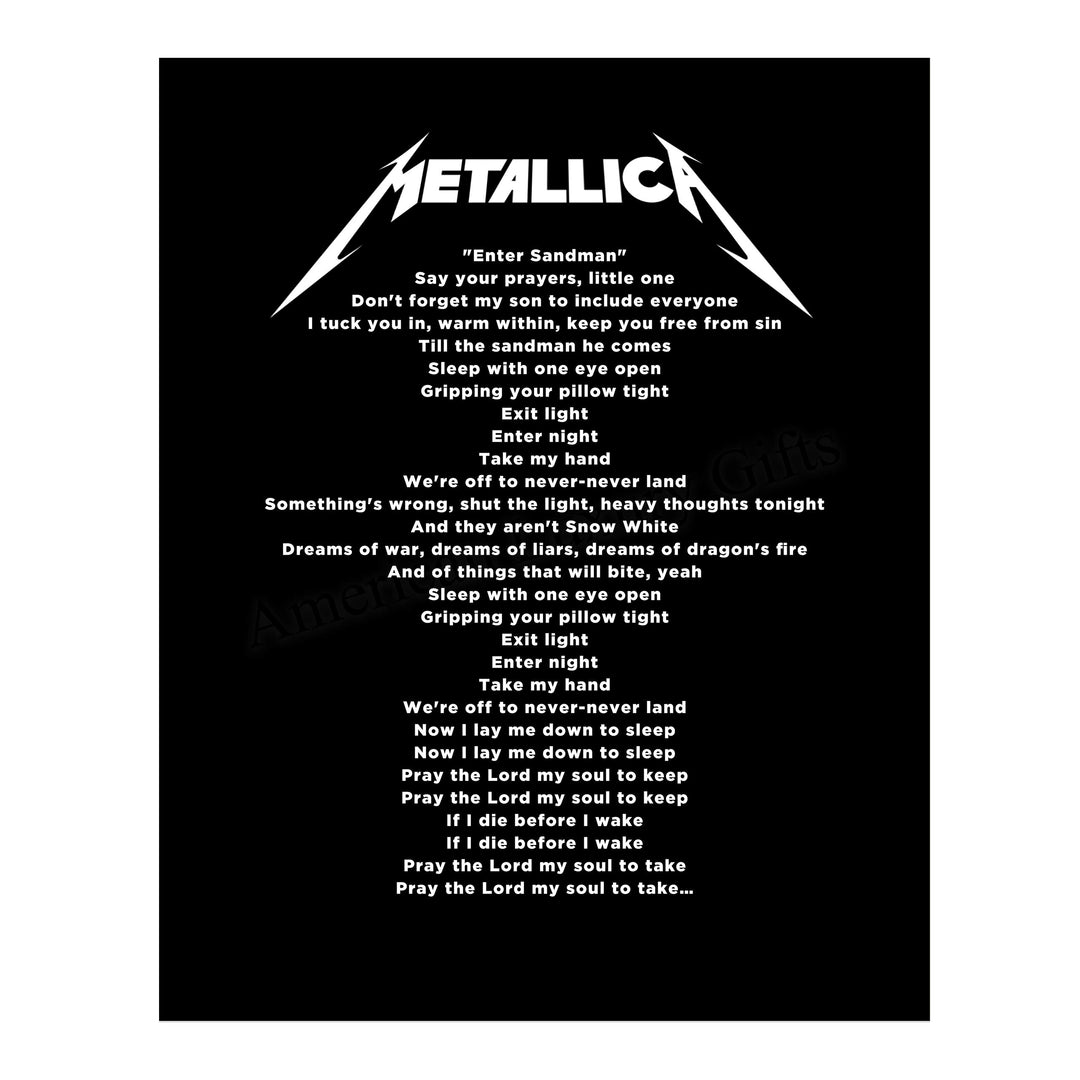 Metallica-"Enter Sandman" Song Lyrics Wall Art-11 x 14" Typographic Music Print-Ready to Frame. Vintage Home-Office-Studio-Bar-Cave Decor. Perfect Gift for Metallica &amp; All Rock Music Fans!