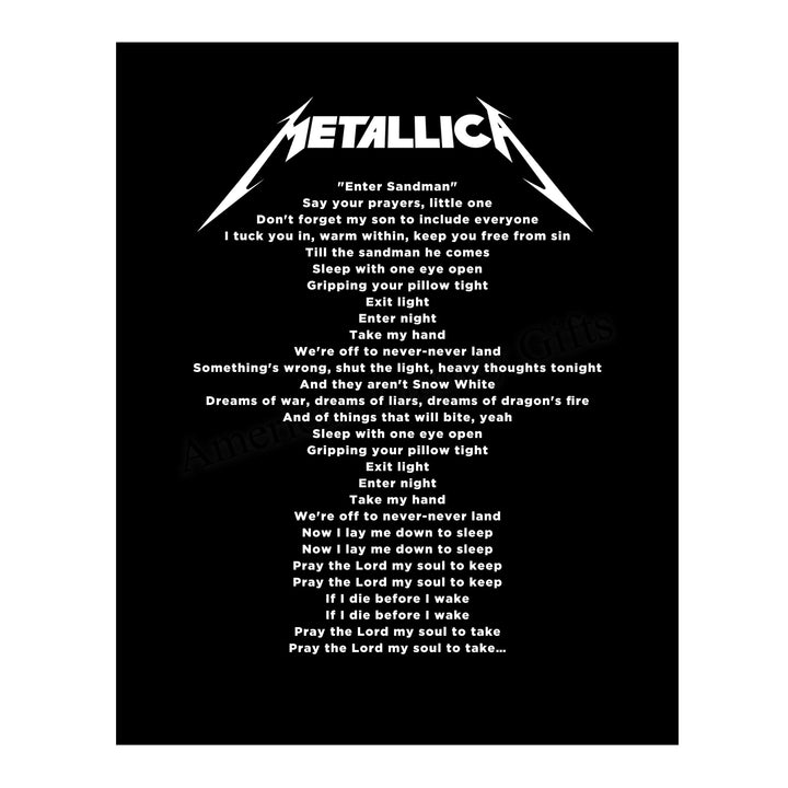 Metallica-"Enter Sandman" Song Lyrics Wall Art-11 x 14" Typographic Music Print-Ready to Frame. Vintage Home-Office-Studio-Bar-Cave Decor. Perfect Gift for Metallica &amp; All Rock Music Fans!