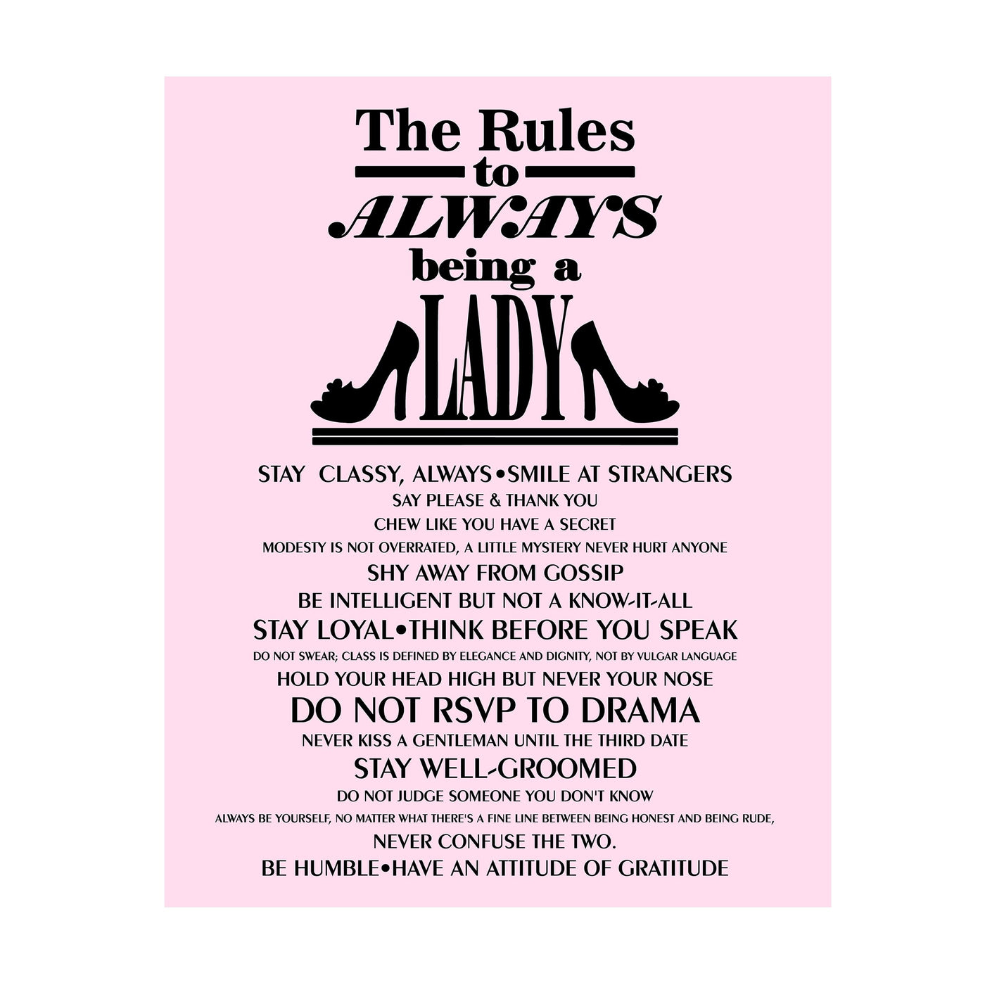 The Rules to Always Being a Lady Motivational Wall Art for Teen Girls -11 x 14" High Heels Poster Print -Ready to Frame. Inspirational Home-Office-Bedroom-Salon Decor. Great Advice for All Women!