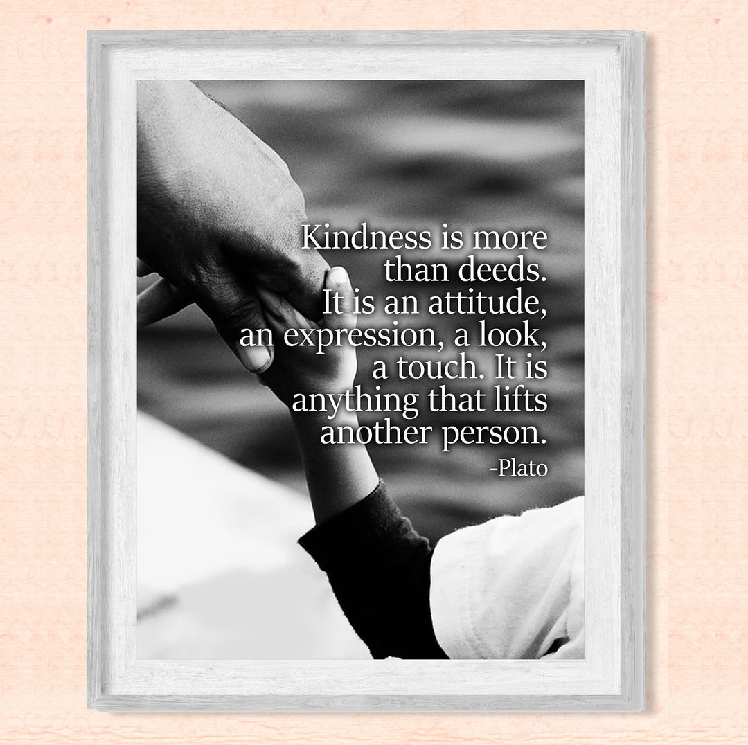 Plato-"Kindness Is More Than Deeds"-Inspirational Quotes Wall Art -8 x 10" Black &amp; White Photo Print of Holding Hands-Ready to Frame. Home-Office-School Decor. Great Gift &amp; Reminder to Be Kind!