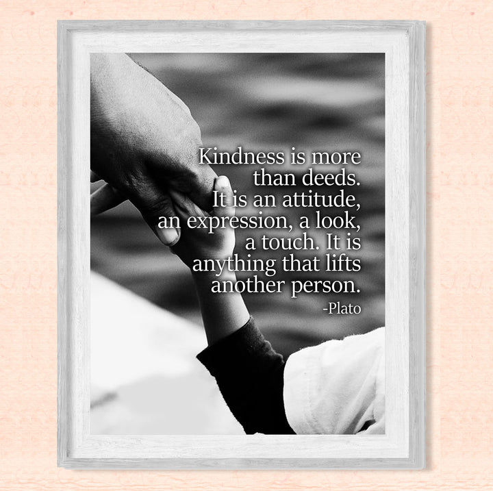 Plato-"Kindness Is More Than Deeds"-Inspirational Quotes Wall Art -8 x 10" Black &amp; White Photo Print of Holding Hands-Ready to Frame. Home-Office-School Decor. Great Gift &amp; Reminder to Be Kind!