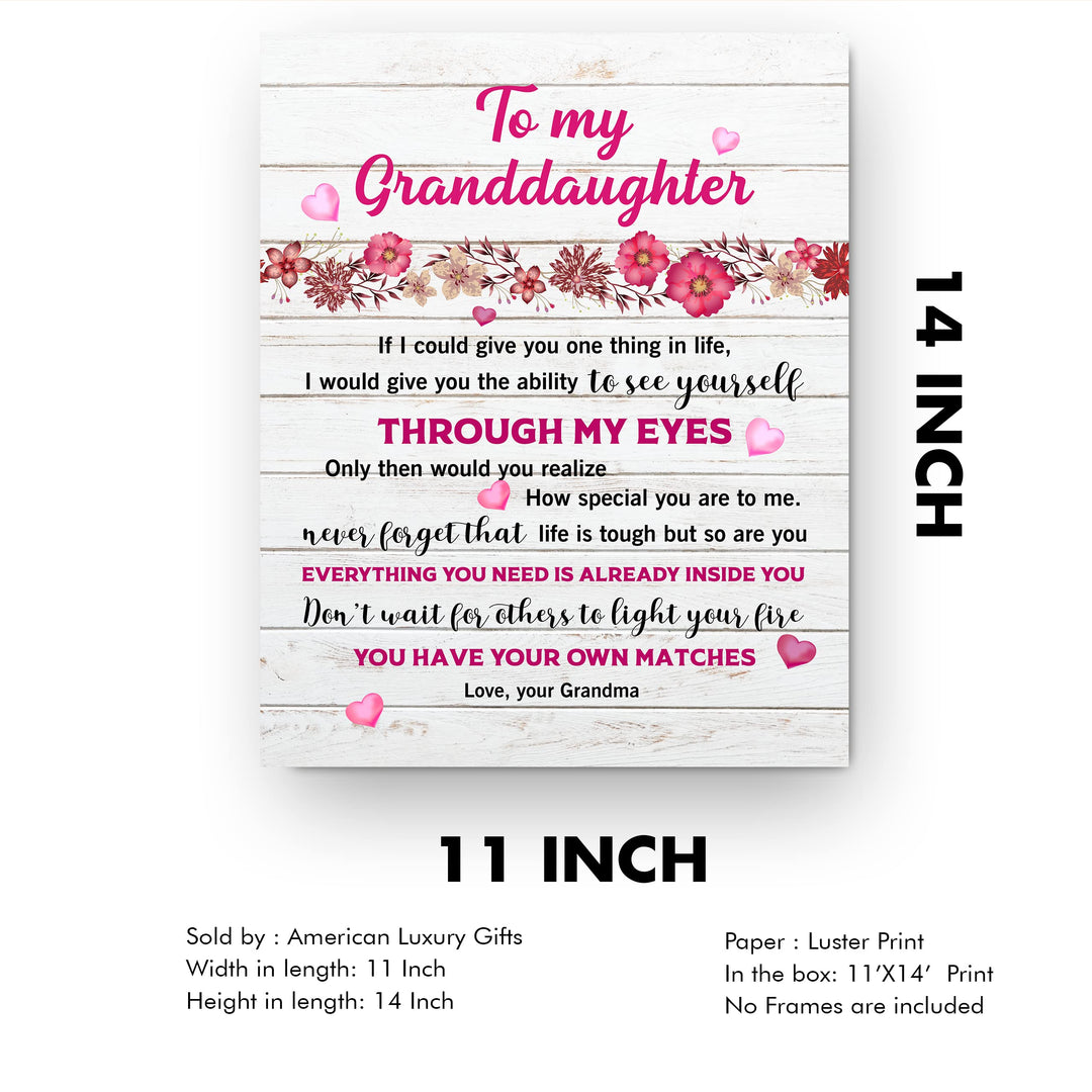 My Special Granddaughter - Love Grandma Inspirational Family Wall Art Sign -11 x 14" Pink Floral Heart Print -Ready to Frame. Perfect Home-Bedroom Decor. Loving Keepsake Gift for Teens &amp; Girls!
