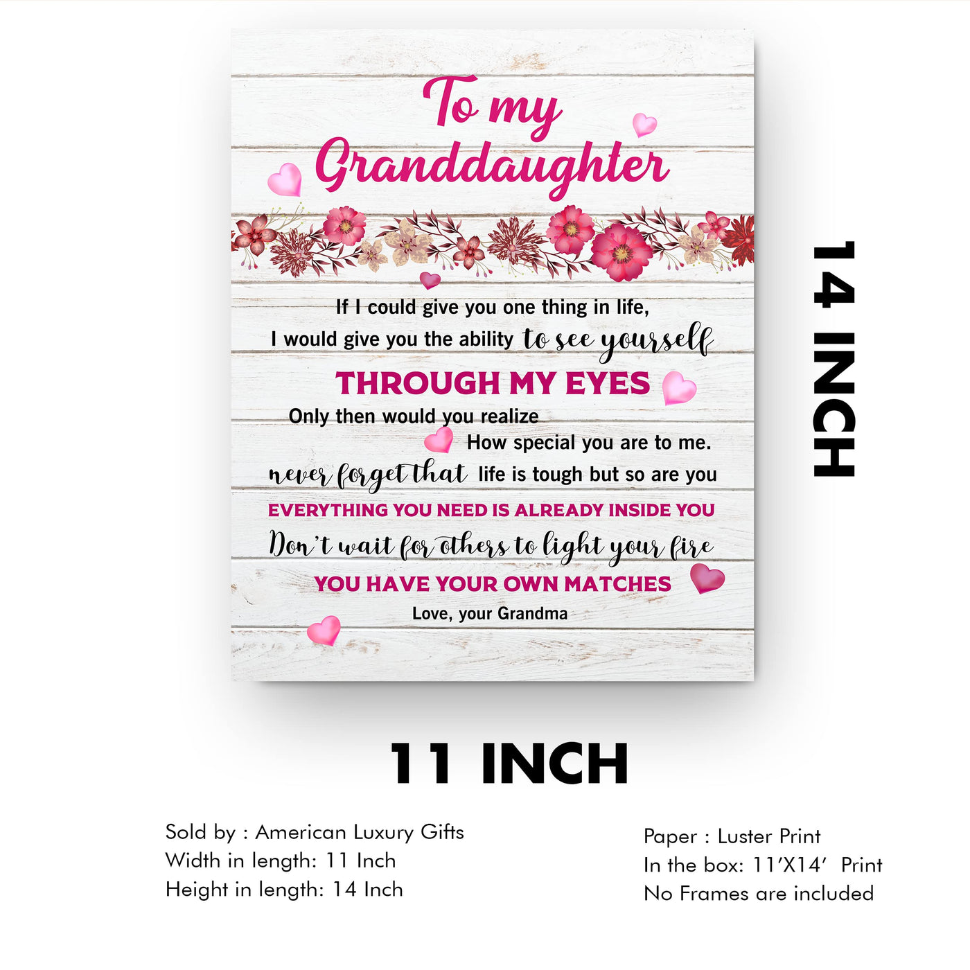 My Special Granddaughter - Love Grandma Inspirational Family Wall Art Sign -11 x 14" Pink Floral Heart Print -Ready to Frame. Perfect Home-Bedroom Decor. Loving Keepsake Gift for Teens & Girls!