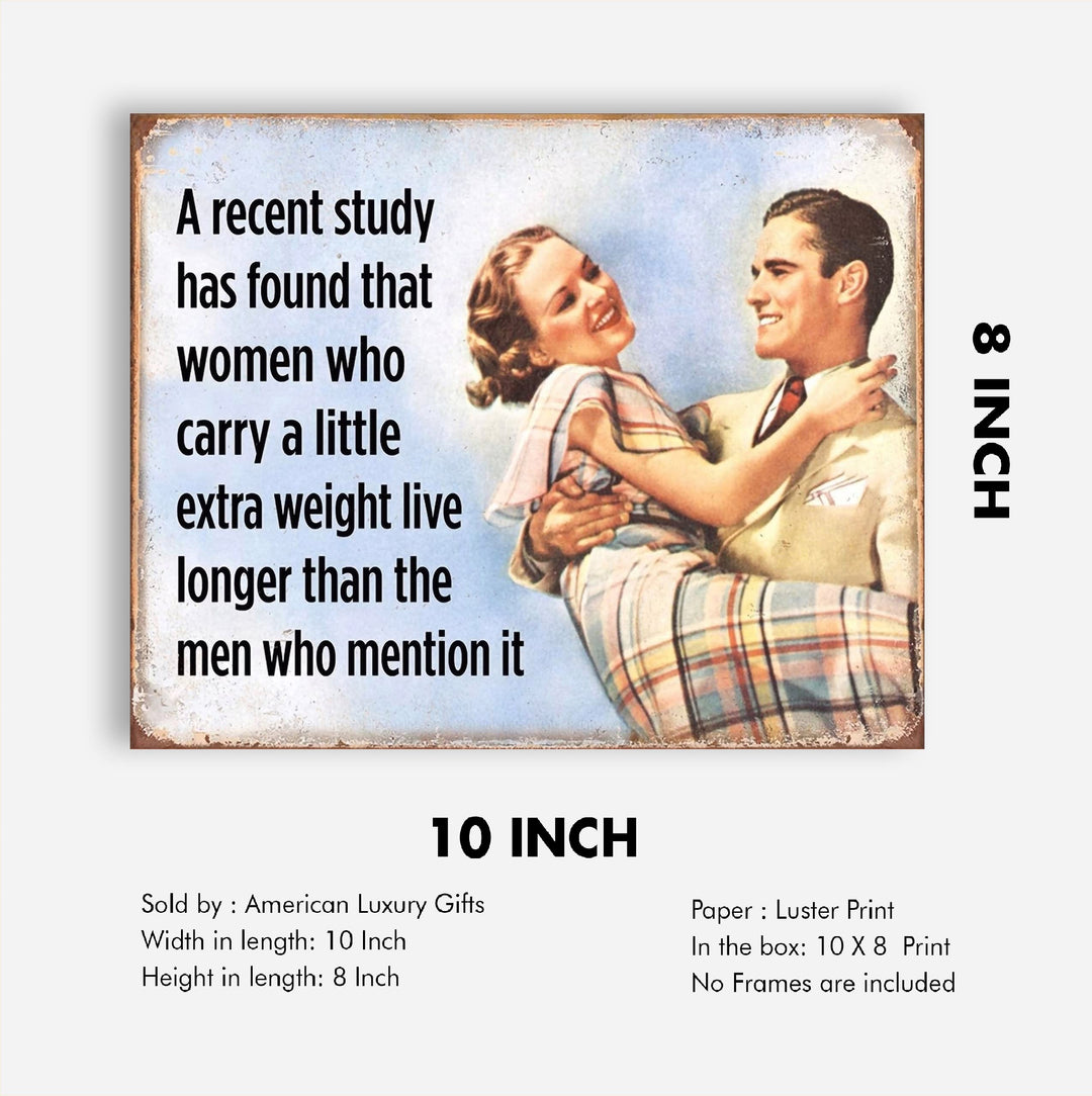 Women Who Carry Extra Weight Live Longer Funny Retro Wall Sign -10 x 8" Sarcastic Art Print -Ready to Frame. Humorous Home-Office-Bar-Shop-Man Cave Decor. Fun Novelty Gift! Printed on Photo Paper.