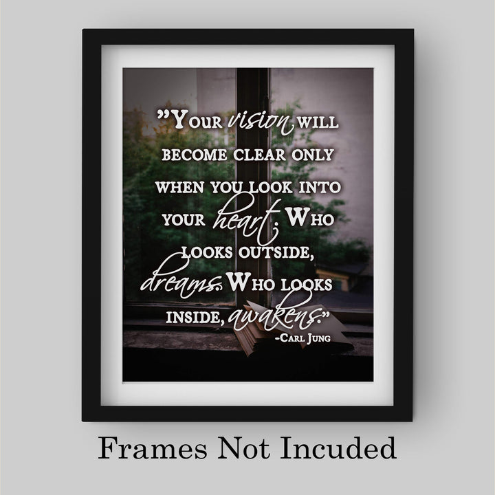 Carl Jung Quotes Wall Art-"Who Looks Outside Dreams-Who Looks Inside Awakens"- 8 x 10"-Typographic Photo Print-Ready to Frame. Home-Office-Classroom Decor. Great Philosophical &amp; Inspirational Sign!