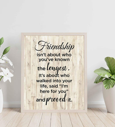 Friendship Isn't About Who You've Known Longest Inspirational Friendship Sign -8 x 10" Typographic Wall Art Print-Ready to Frame. Home-Office-School-Dorm Decor. Great Gift for All Friends & BFF's!