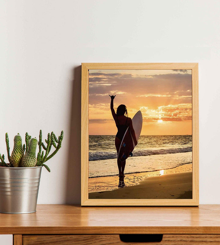 Mahala Surfer Girl-"Hang Loose"-Beach Sunset Image-8 x 10" Wall Art Print-Ready to Frame. Modern Home-Office-Studio-Beach House D?cor. Perfect Wall Print for Beach, Ocean and Surfing Themes!