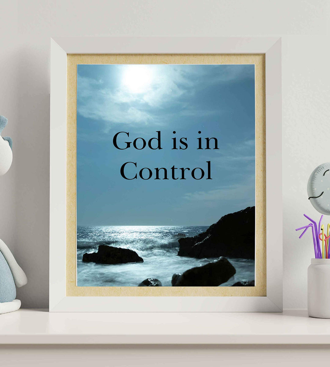 God Is In Control?-Inspirational Christian Wall Art-8 x 10 Typographic Print with Ocean Photo-Ready to Frame. Religious Decor for Home-Office-Church. Great Spiritual Gift &amp; Reminder to Have Faith!