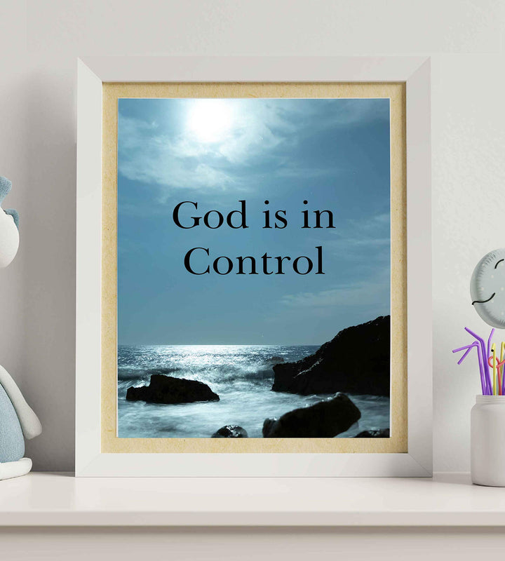 God Is In Control?-Inspirational Christian Wall Art-8 x 10 Typographic Print with Ocean Photo-Ready to Frame. Religious Decor for Home-Office-Church. Great Spiritual Gift &amp; Reminder to Have Faith!