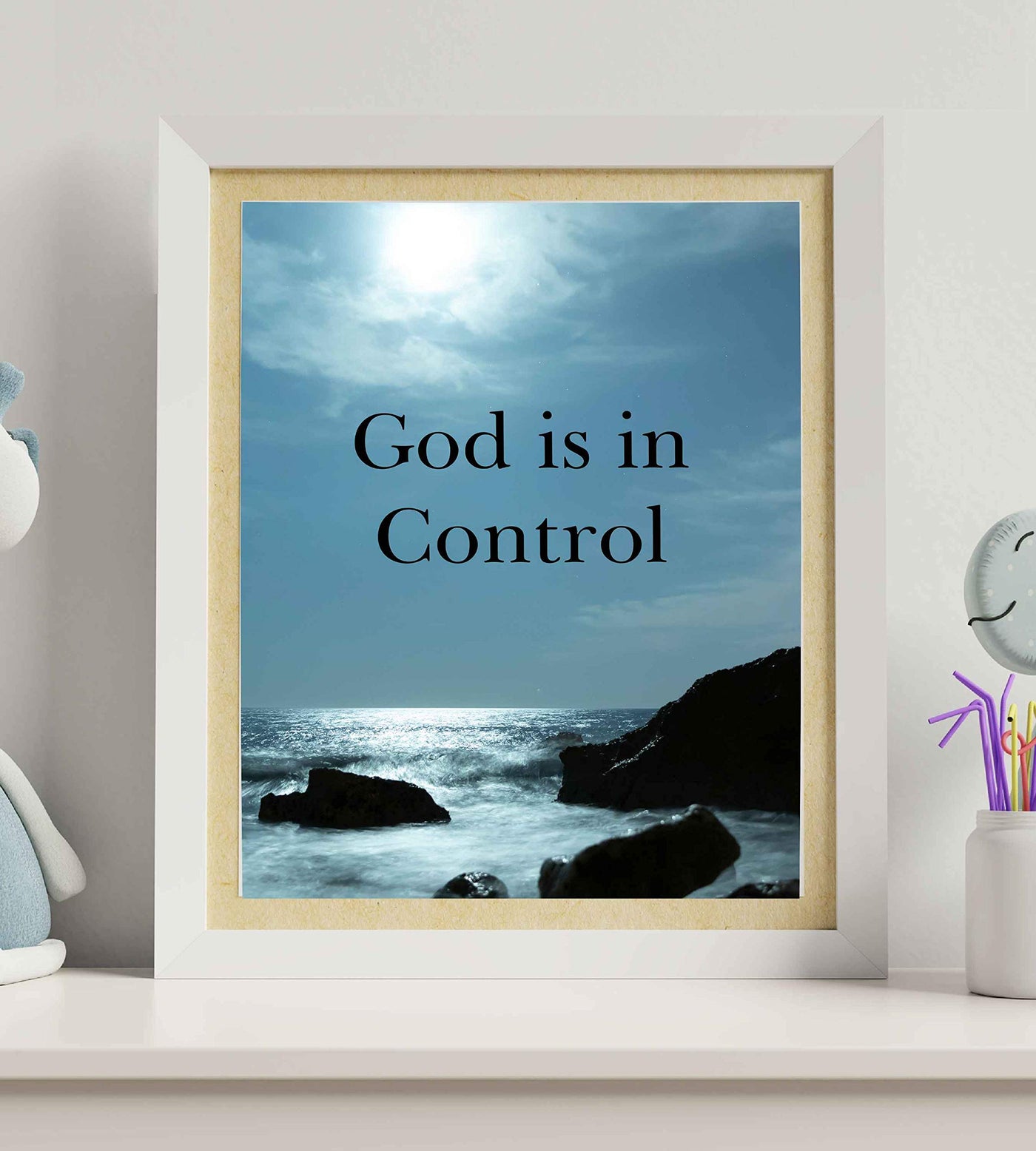 God Is In Control?-Inspirational Christian Wall Art-8 x 10 Typographic Print with Ocean Photo-Ready to Frame. Religious Decor for Home-Office-Church. Great Spiritual Gift & Reminder to Have Faith!