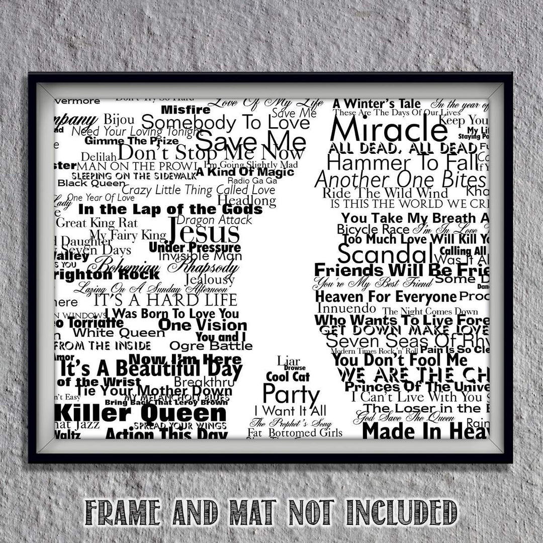 Freddie Mercury-Silhouette &amp; Word Art Print- 8 x 10 Wall Print- Ready To Frame- Queens Classic Songs Quotes. Home Decor-Studio-Bar-Man Cave Decor. Perfect Gift For All Freddie &amp; Queen Fans.