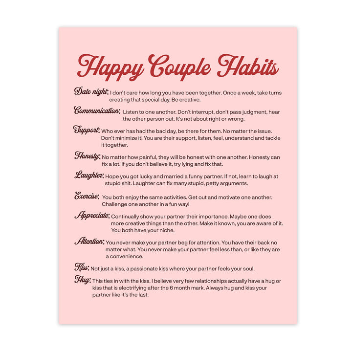 Happy Couple Habits Inspirational Wall Art Decor -11 x 14" Love &amp; Marriage Life Lessons Print -Ready to Frame. Modern Typographic Design. Romantic Anniversary Gift &amp; Wedding Sign for All Couples!