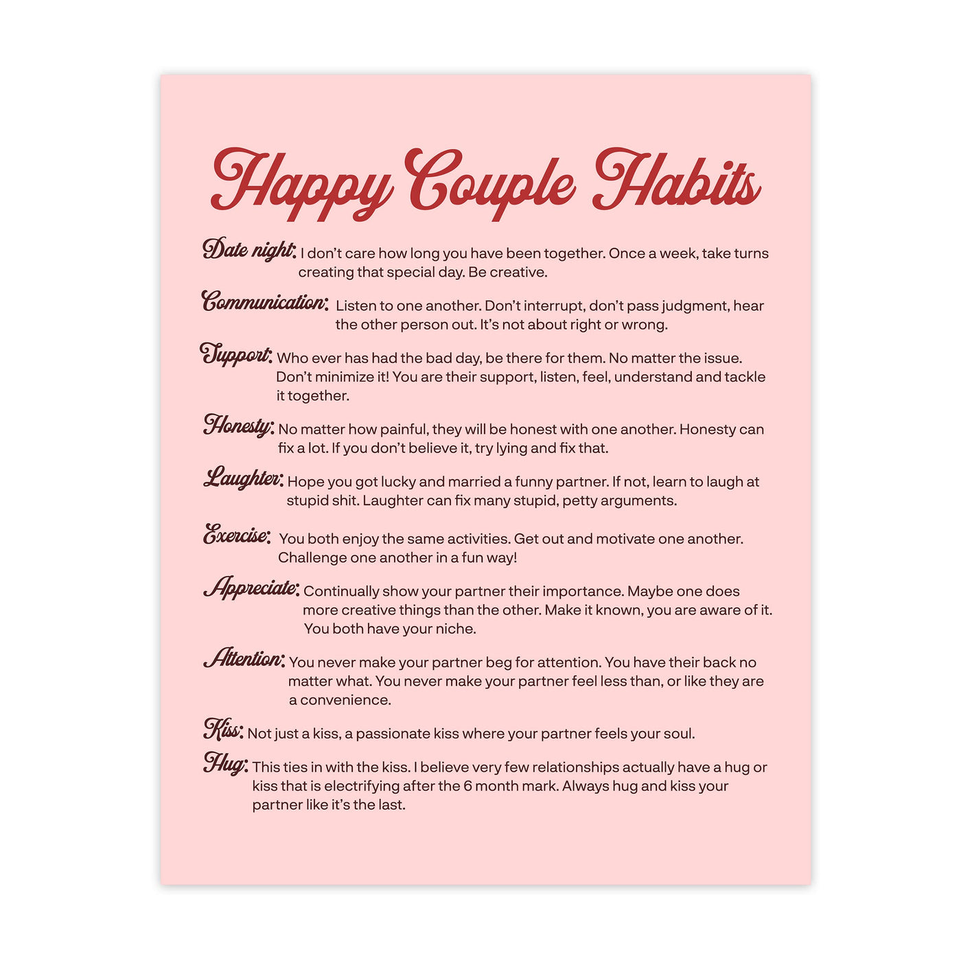 Happy Couple Habits Inspirational Wall Art Decor -11 x 14" Love & Marriage Life Lessons Print -Ready to Frame. Modern Typographic Design. Romantic Anniversary Gift & Wedding Sign for All Couples!