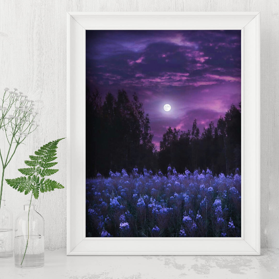 Moon in Lavender Field Inspirational Wall Art -8 x 10" Purple Full Moon Over Flower Field Picture Print -Ready to Frame. Home-Office-Living Room Decor. Perfect for Nature Themes &amp; Relaxing Prints.