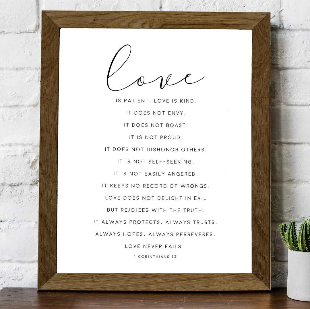 "Love is Patient &amp; Kind"- Christian Bible Verse Wall Art Decor -Scripture Typography Print- Ready to Frame. Home-Office Decor. Perfect Wedding &amp; Anniversary Gift! 1 Corinthians 13:4–8.