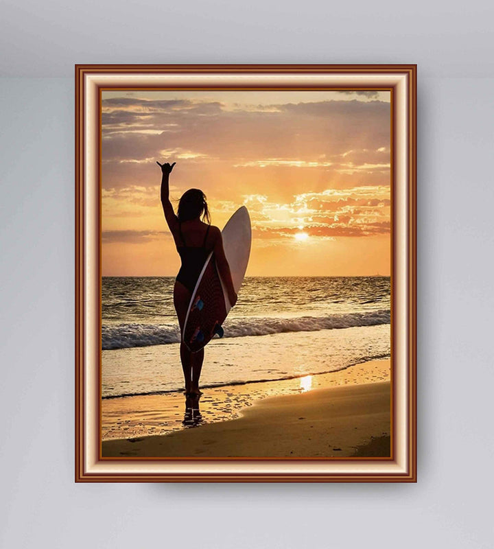 Mahala Surfer Girl-"Hang Loose"-Beach Sunset Image-8 x 10" Wall Art Print-Ready to Frame. Modern Home-Office-Studio-Beach House D?cor. Perfect Wall Print for Beach, Ocean and Surfing Themes!