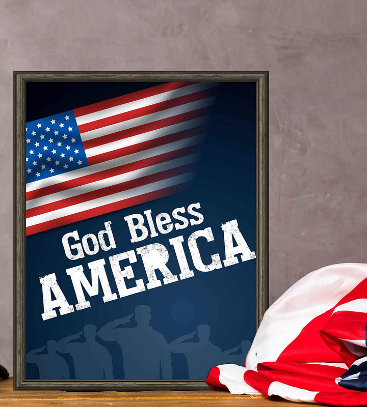 God Bless America-8 x 10" Patriotic Wall Decor-Ready To Frame. Typographic Poster Print w/American Flag &amp; Silhouette of Troops. Ideal Art Decor for Home-Office-Garage-Cave. Display Your Patriotism!