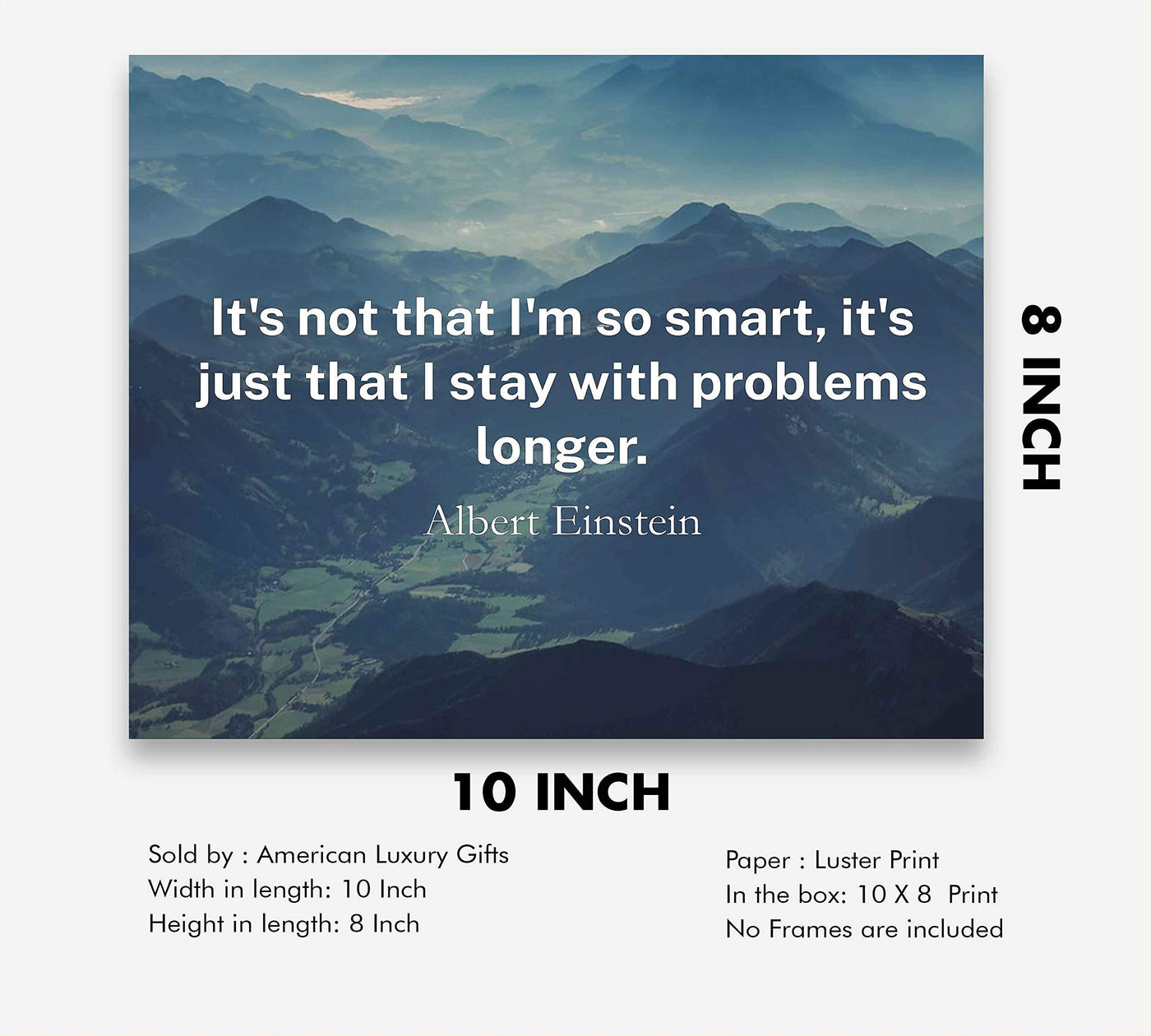 Albert Einstein Quotes-"I Stay With Problems Longer" Motivational Wall Art- 10 x 8" Inspirational Photo Print w/Mountains-Ready to Frame. Great for Home-Office-School Decor. Reminder-Never Give Up!