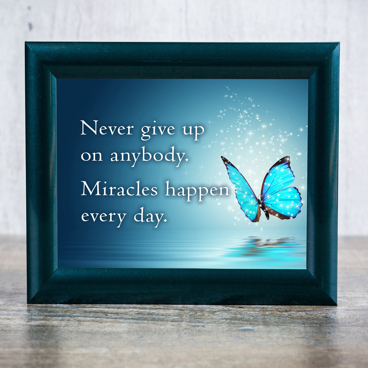 Never Give Up-Miracles Happen Every Day Inspirational Quotes Wall Sign-8 x 10" Motivational Butterfly Print-Ready to Frame. Modern Typographic Design. Home-Office-School Decor. Great Reminder!