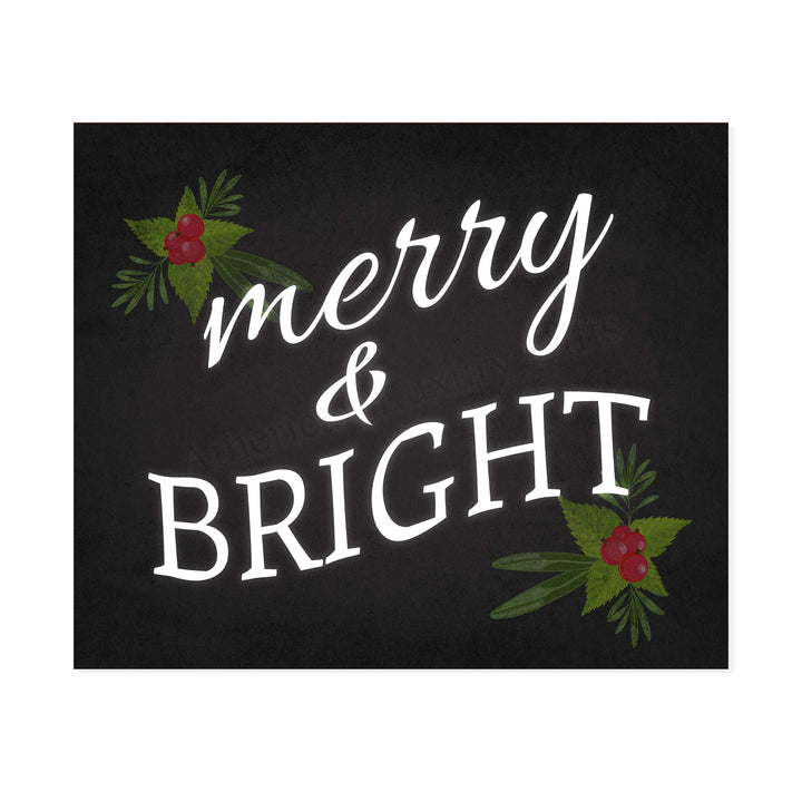 Merry &amp; Bright Christmas Decor Wall Art -10 x 8" Modern Holiday Art Print-Ready to Frame. Festive Home-Kitchen-Farmhouse Decor. Perfect Welcome Sign and Winter Decoration! Great Christian Gift!