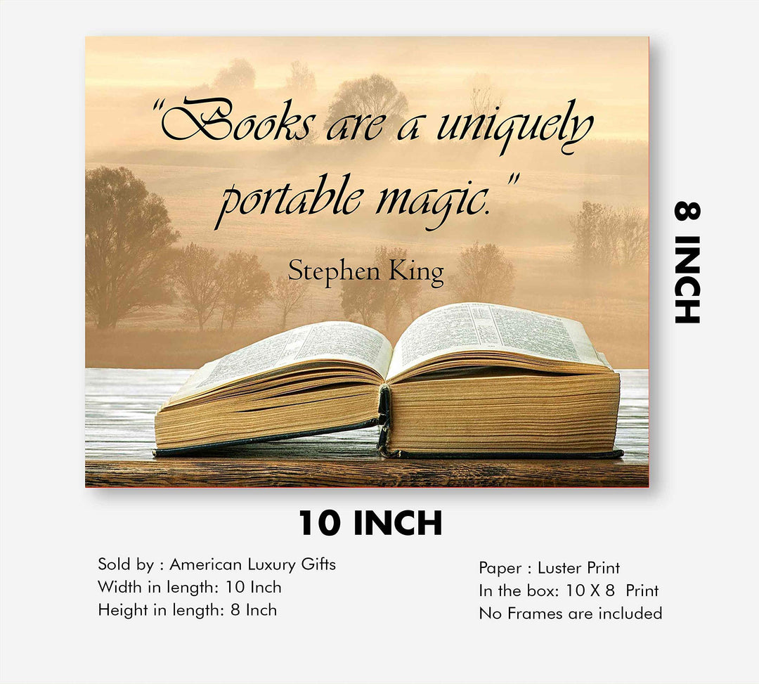 Stephen King Quotes Wall Art-"Books Are A Uniquely Portable Magic"- 10 x 8" Inspirational Typographic Print-Ready to Frame. Home-Office-School-Library Decor. Great Gift for Fans &amp; All Book Lovers!